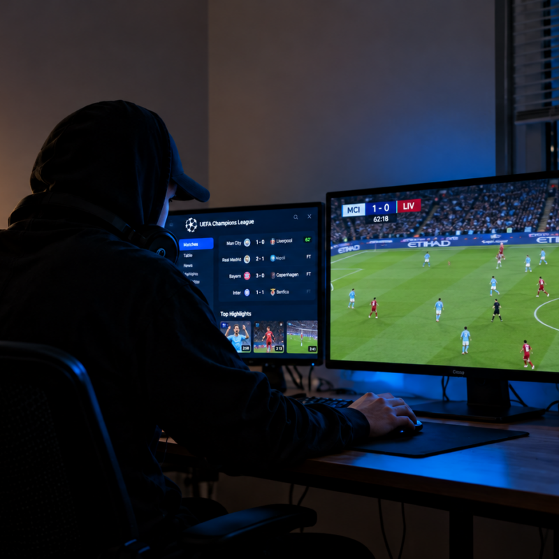 Muž v kapuci sleduje fotbalový zápas na monitoru u počítače.